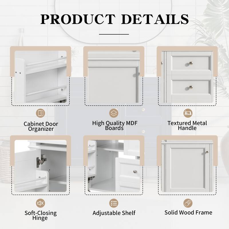 Modern Storage Cabinet Bathroom Vanity with Resin Sink, Tip-out Drawer, 2 Drawers, Side Door Organizer and Adjustable Shelf