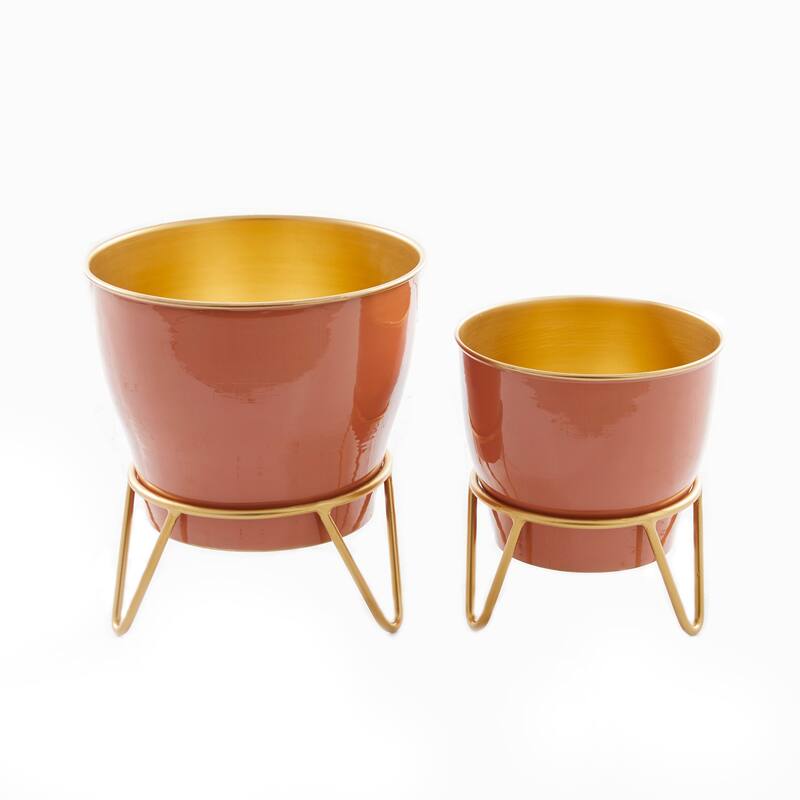 White Metal Planter with Removable Stand (Set of 2) - Blue, Pink, Black or White - 12", 9"H - Pink