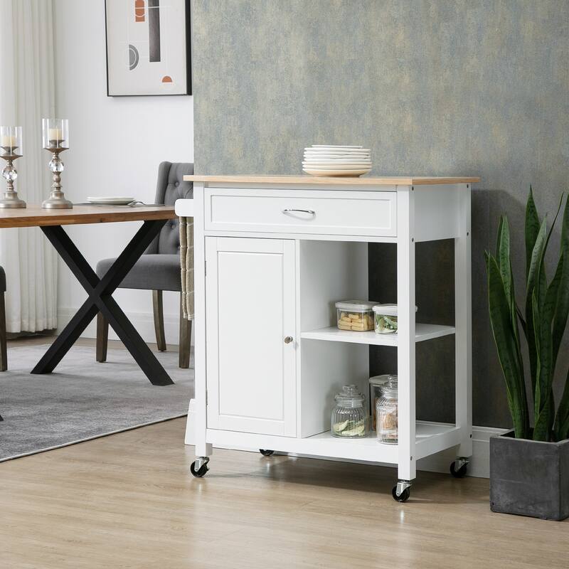 Kitchen Island cart, Rolling Kitchen Island with Storage, Solid Wood Top, Drawer, for Dining Room, White