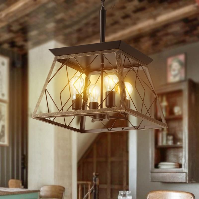 16" Black Industrial 4-Light Pendant Chandelier, Modern Metal Cage Design, Adjustable Hanging Light for Dining Room, (No Bulbs)