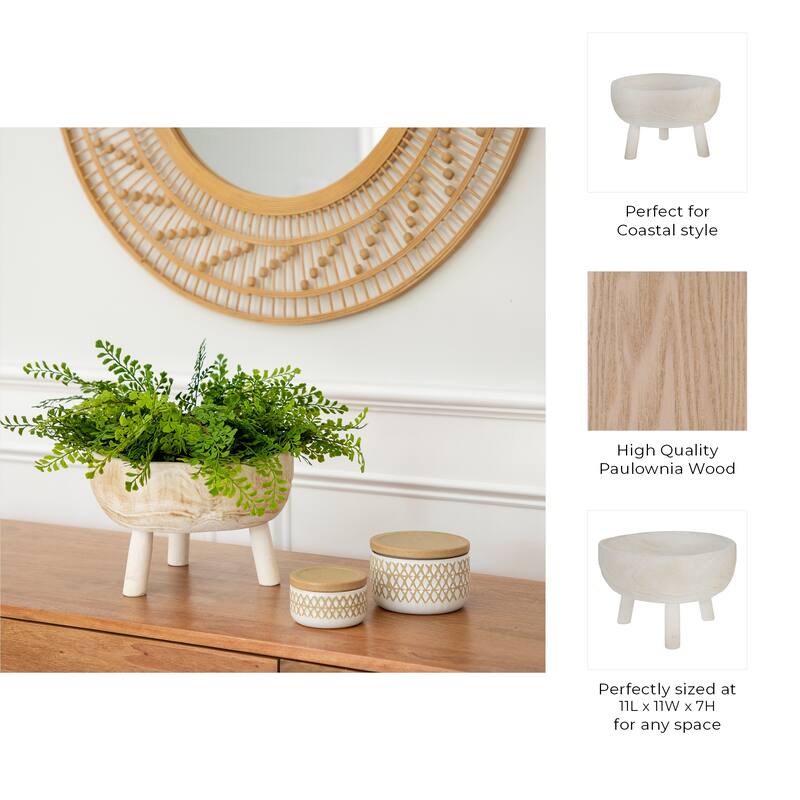 Sagebrook Home Paulownia Wood Decorative Bowl with Tripod Legs - Handcrafted Coastal Accent for Modern and Rustic Decor