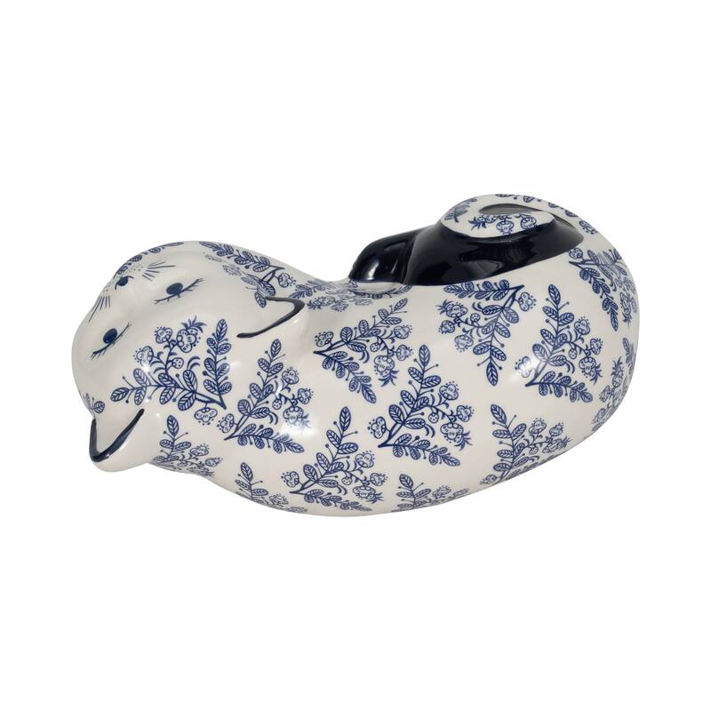 Ceramic Cat Sculpture Contemporary Vintage Style Chinoiserie Blue and White Floral Cat Statue Cat Lover
