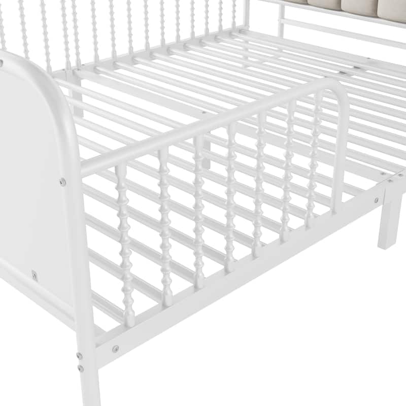 Kids Platform Bed Metal Frame with Linen Fabric Upholstered Storage Headboard Built-in Light Strip, Both Sides Rails