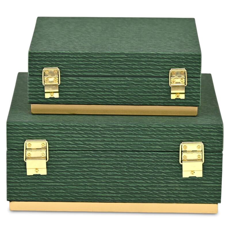 Eira Set of 2 Square Decorative Storage Boxes - Retro Stripe Pattern with Gold Hardware