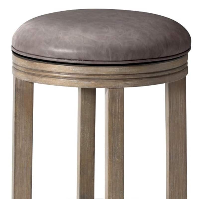 HomeRoots 26" Stone and Oak Faux Leather and Solid Wood Backless Counter Height Swivel Bar Chair