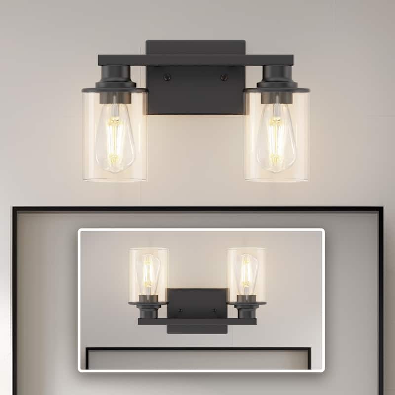YANSUN 2-Light Bathroom Mirror Light,Matte Black Wall Sconce with Transparent Glass Shades - 14.6 * 10 * 7.5