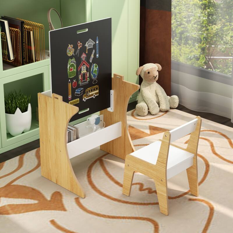 Kids Table Set With One Chair,Multifunctional Wooden Children Study Table-Convertible Tabletop For Study
