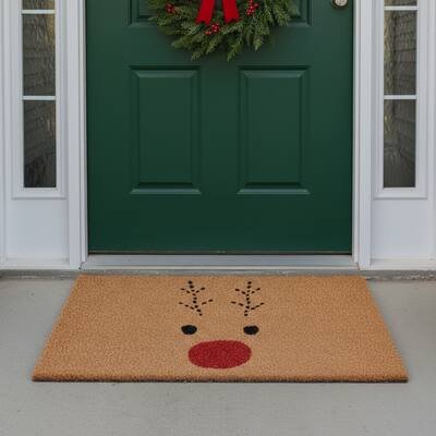 HomeRoots 30" X 48" Brown Red And Black Christmas Reindeer Outdoor Coir Door Mat - 30.00' X '48.00