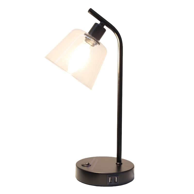 Modern Industrial Desk Lamp with Clear Glass Shade and Dual USB Charging Ports Multiple Colors - 8" (L) x 5.5" (W) x 15.75" (H)