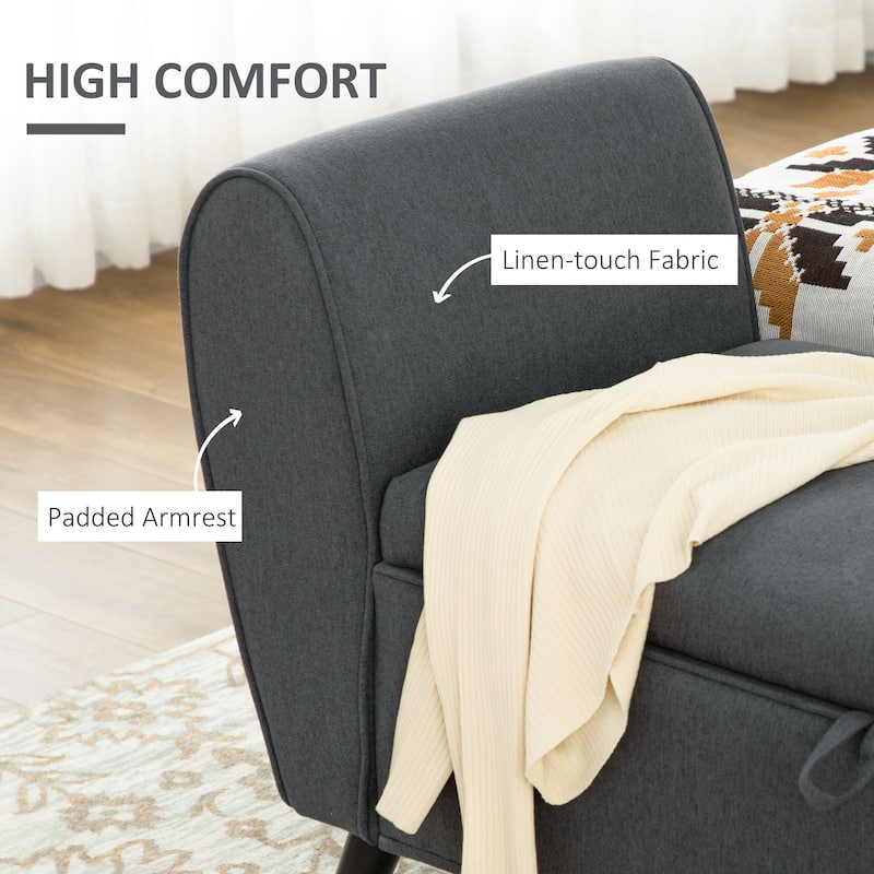 HOMCOM Modern Upholstered Storage Bench with Arms, Linen-Feel Fabric Ottoman Bench, Dark Grey