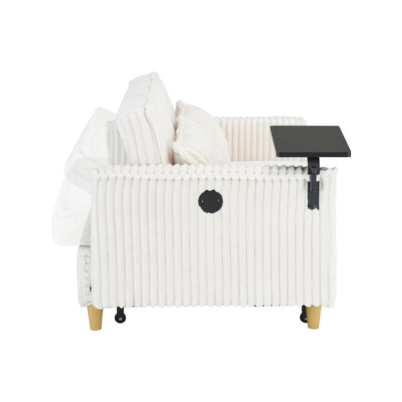 Beige Corduroy Pull-out and Push-in Sofa with Movable Tabletop and USB Ports
