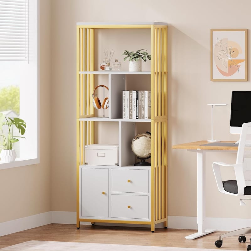 5-Tier Bookshelf with Cabinet and 2 Drawers, Standing Bookcase Display Rack for Bedroom, Living Room, or Home Office - Gold