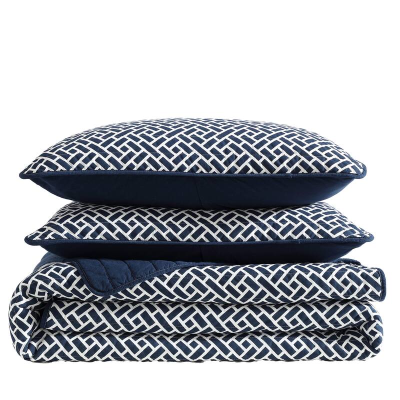 Nautica Lockridge Printed Motifs With Solid Reverse Cotton Quilt (Navy, 3 Piece Set)
