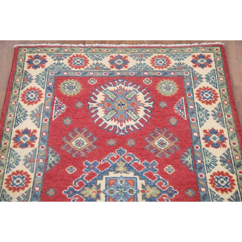 Hand Knotted Oriental 100% Wool Carpet Traditional Geometric Red Kazak Area Rug - 6' 5'' X 2' 9''
