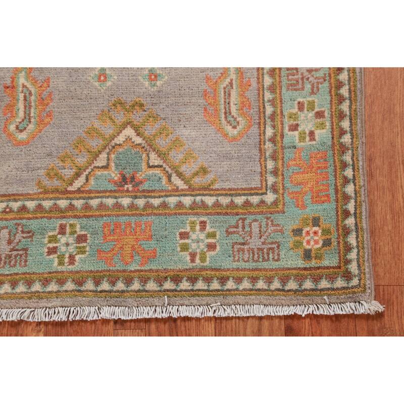 Traditional Kazak Oriental Rug Hand-Knotted Grey Wool Carpet - 2'0"x 3'0"