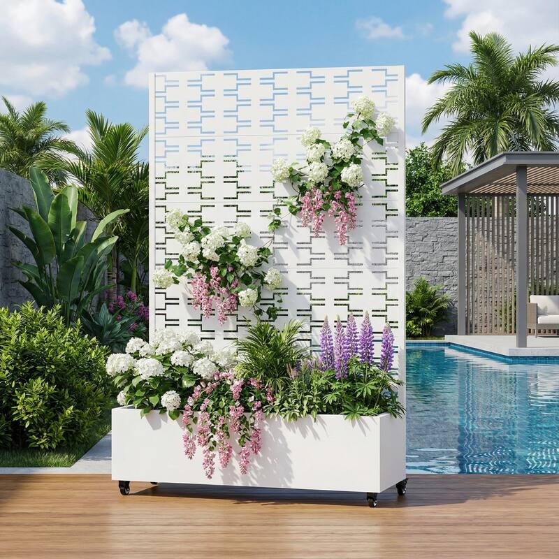 Metal Planter Box with Trellis Privacy Screen Planter Box with Lockable Wheels