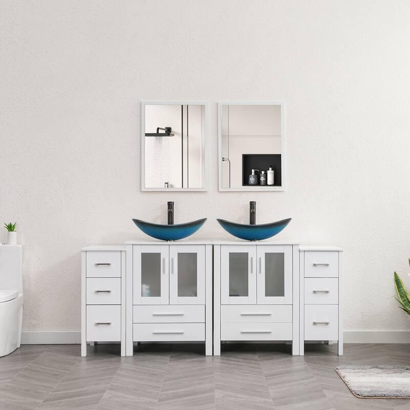 72" Bathroom Vanity Set Vessel Sink Cabinet Mirror Combo - White - Glass blue boat sink
