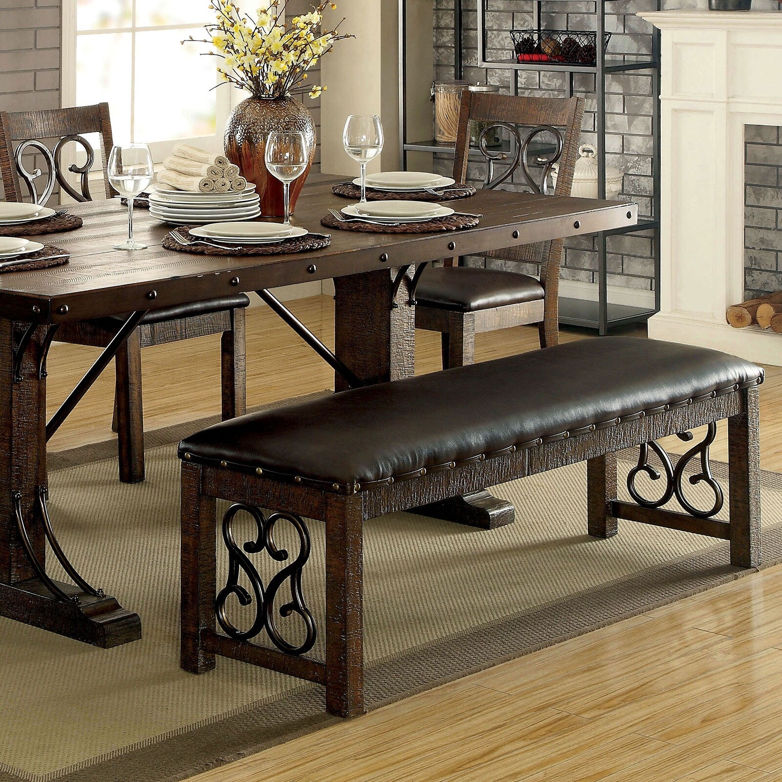 Leatherette and Wood Seating Bench in Rustic Walnut and Espresso
