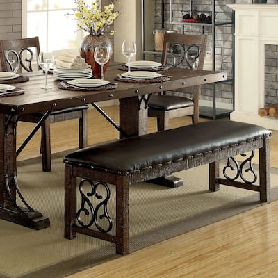 Traditional 1pc Bench Dining Room Leatherette Espresso Seat Rustic Walnut Finish Wooden Bench