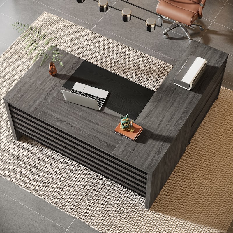 Large Executive Desk with Mobile File Cabinet, 62.2" L-Shaped Office Desk Business Workstation Set