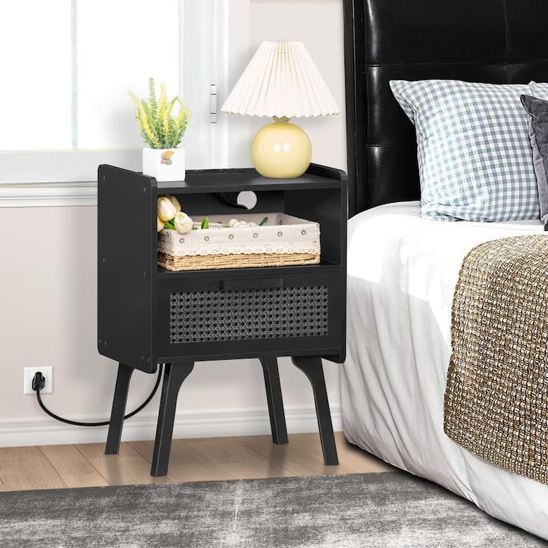 Rattan Nightstand with Charging Station,Side Table with Drawer Open Shelf,Cane Bedside End Table with Solid Wood Legs