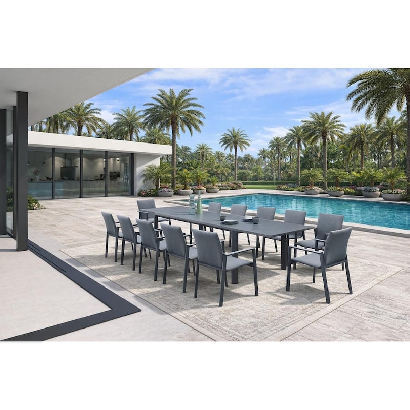 Dekota Dark Grey 13-Piece Aluminum Outdoor Dining Set with Sling Set in Midnight Grey - N/A