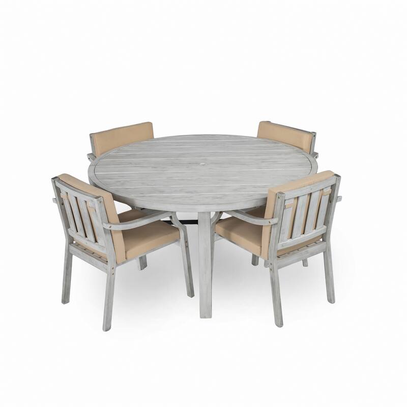 Outdoor Wood Dinning Set with Umbrella Hole and Removable Cushions