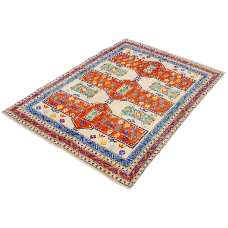 Rustic Balochi Sparks Beige/Orange Hand Knotted Wool Rug - 5'8'' x 7'7''
