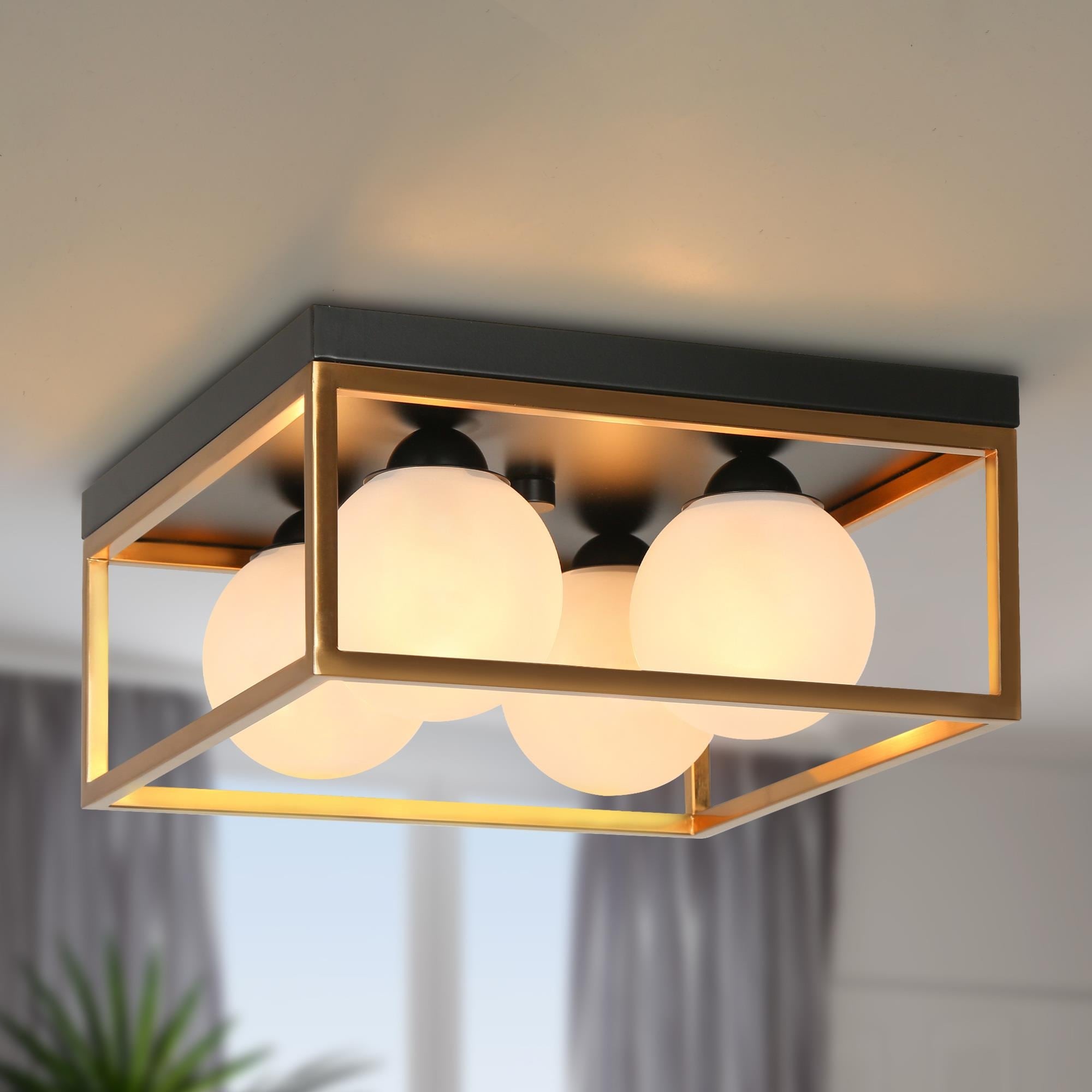 Modern Black Gold 4 Light Square Frosted Glass Flush Mount Ceiling