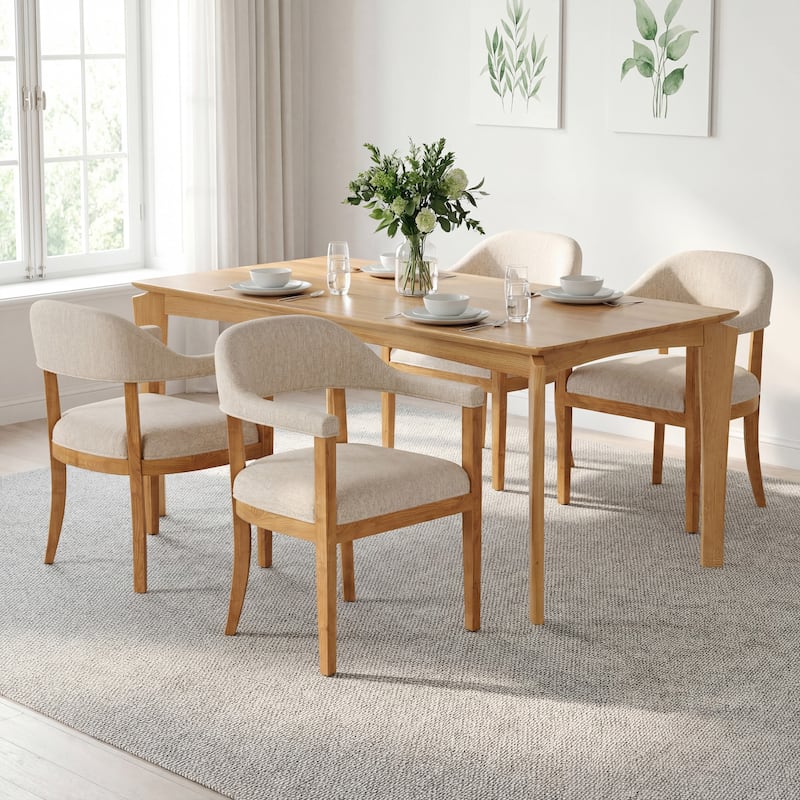 Christopher Knight Home - Mid-Century 5-Piece Set Wood Dining Table Set with 4 Upholstered Arm Chairs - Light Brown+Beige 