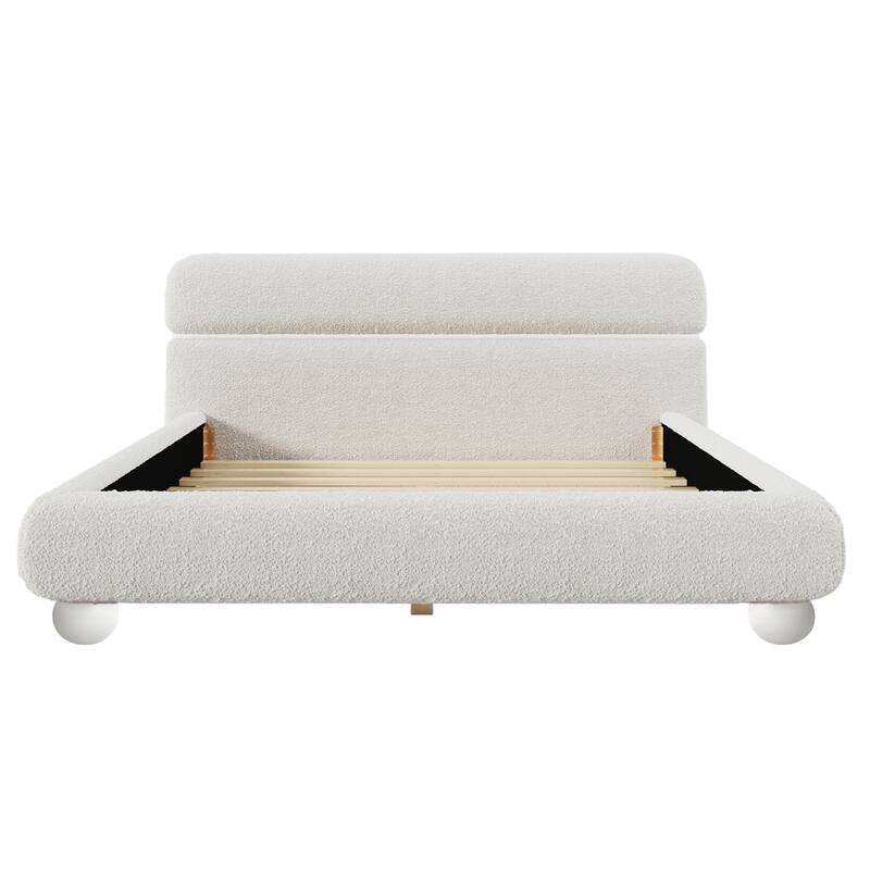 Queen Size Low Profile Upholstered Bed with Teddy Fleece Boucle Fabric and Solid Round Legs, Stylish Curve-Shaped Headboard