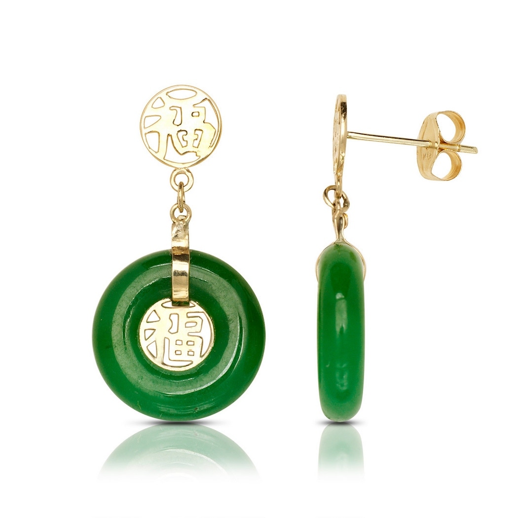 Curata 14k Yellow Gold 22x10mm Green Jade Circle Drop Earrings