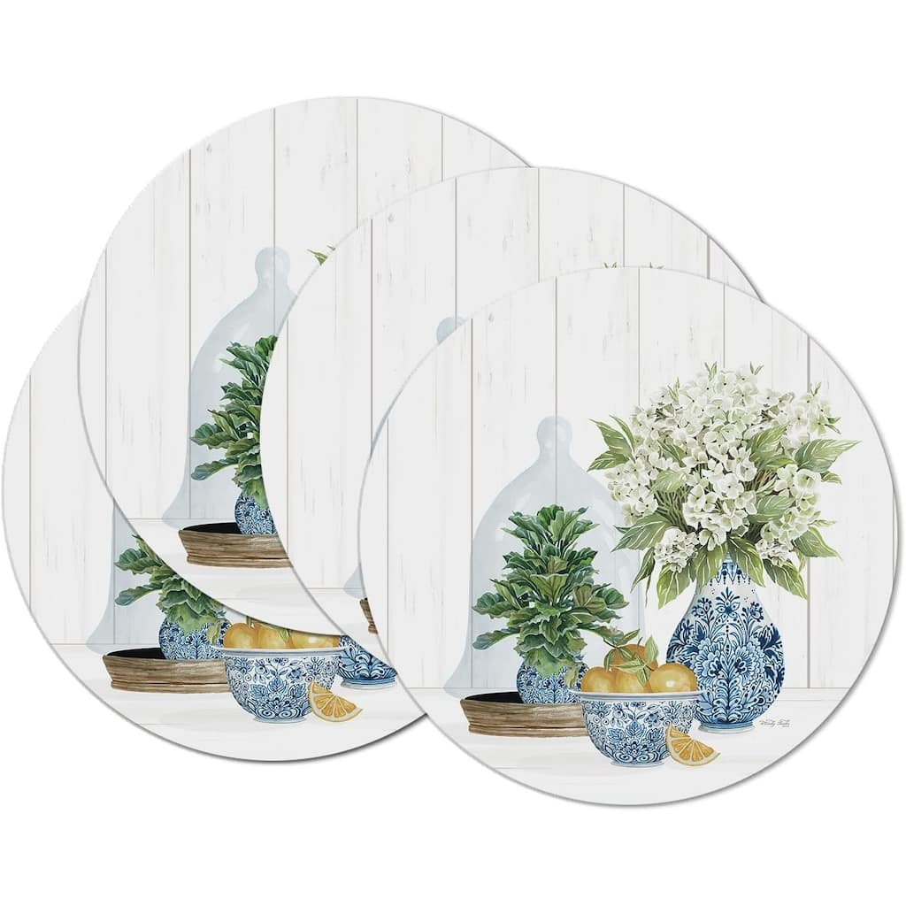 Blue & White Pottery Round Reversible Easy Care Flexible Plastic Placemat 4 Pack Made in The USA