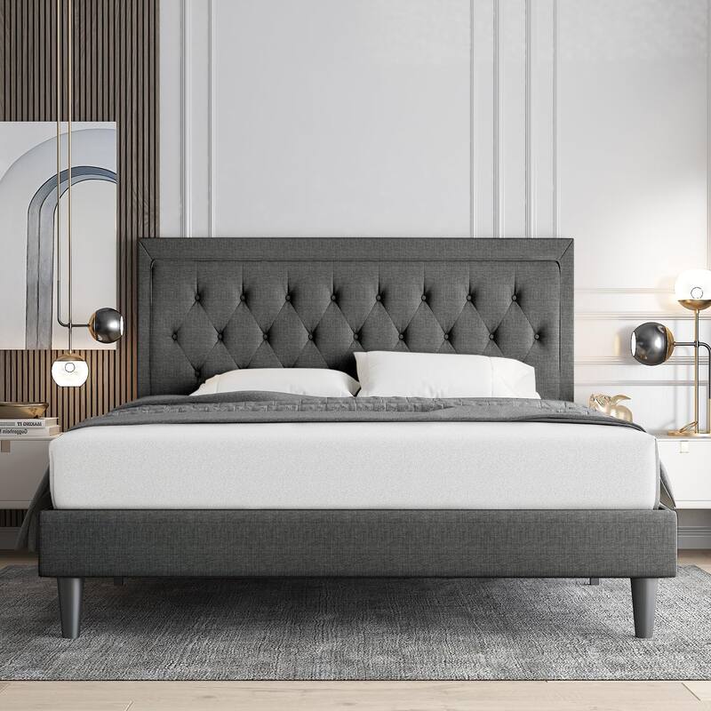 Queen Size Button Tufted Platform Bed Frame/Fabric Upholstered Bed Frame with Headboard/Wood Slat Support/Mattress Foundation