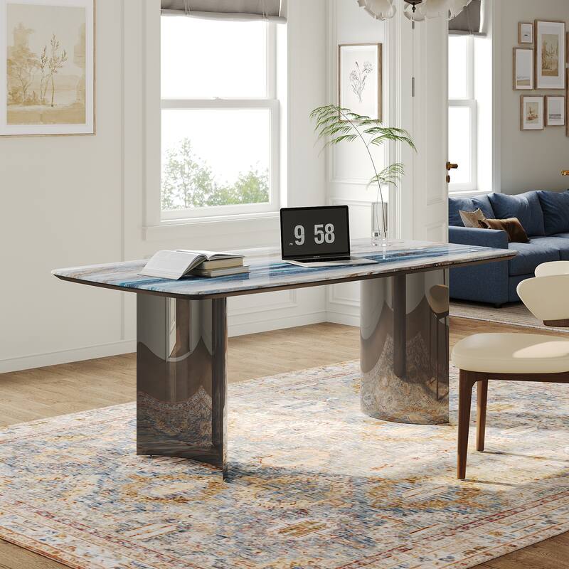 Modern 63" Retangular Wrining Desk, Faux Marble Table Top Desk With Double Legs