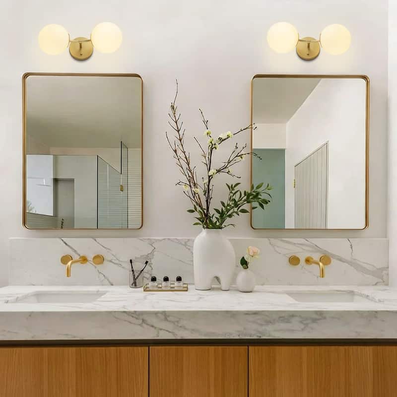 2-Light Modern Metal & Glass Wall Sconce with Two-Globe Shades for Bedroom & Living Room - 1 Light