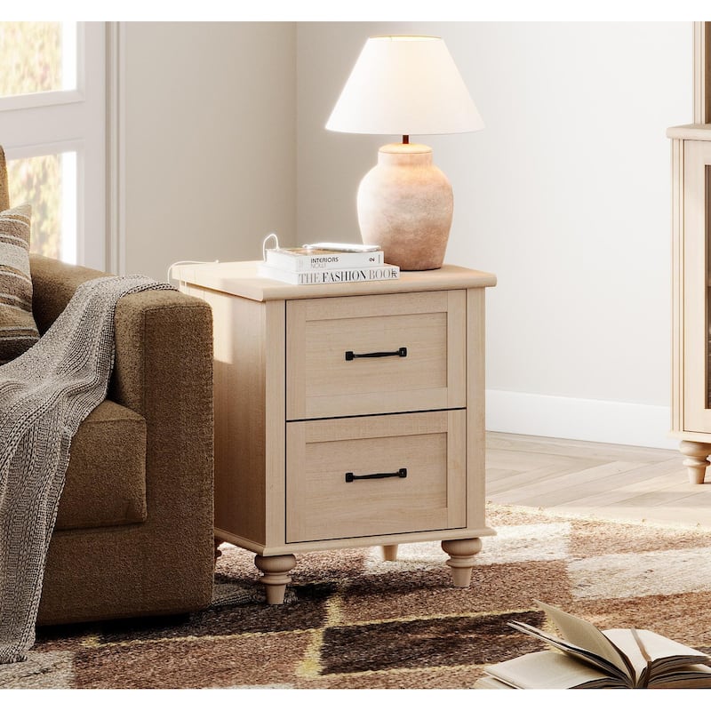 Mid Century End Table Nightstands with Charging Station & Drawer
