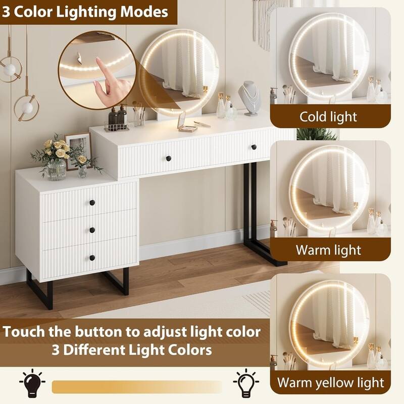 Modern Vanity Desk with LED Mirror, Adjustable Brightness Lights, 5 Drawers