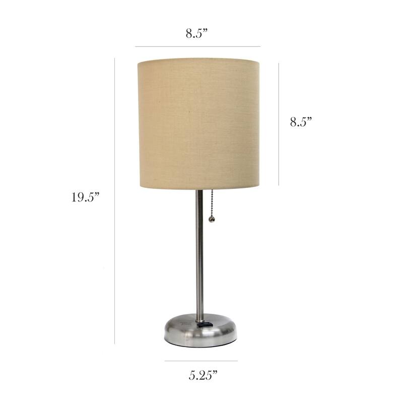 19.5 in. Brushed Steel Finish Table Lamp with Beige Shade, Durable Stick Lamp for End/Side Tables, Set of 2