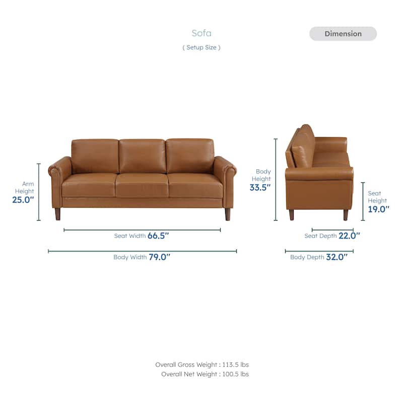 Frances 79" Faux Leather Living Room Sofa - Brown Finish Exposed Feet