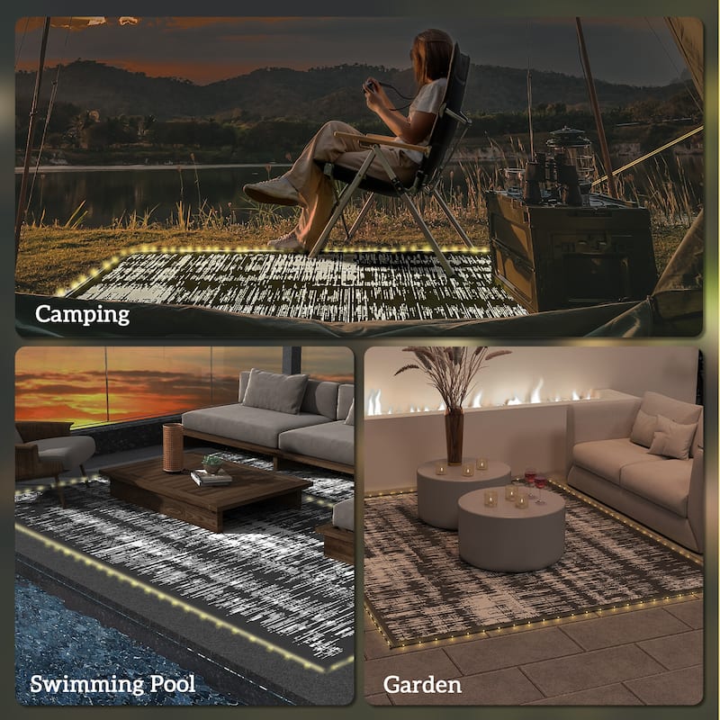 Outsunny Reversible Outdoor Rug Carpet with LED Lights, 10' x 8' PP Straw Rug - 8' x 10'