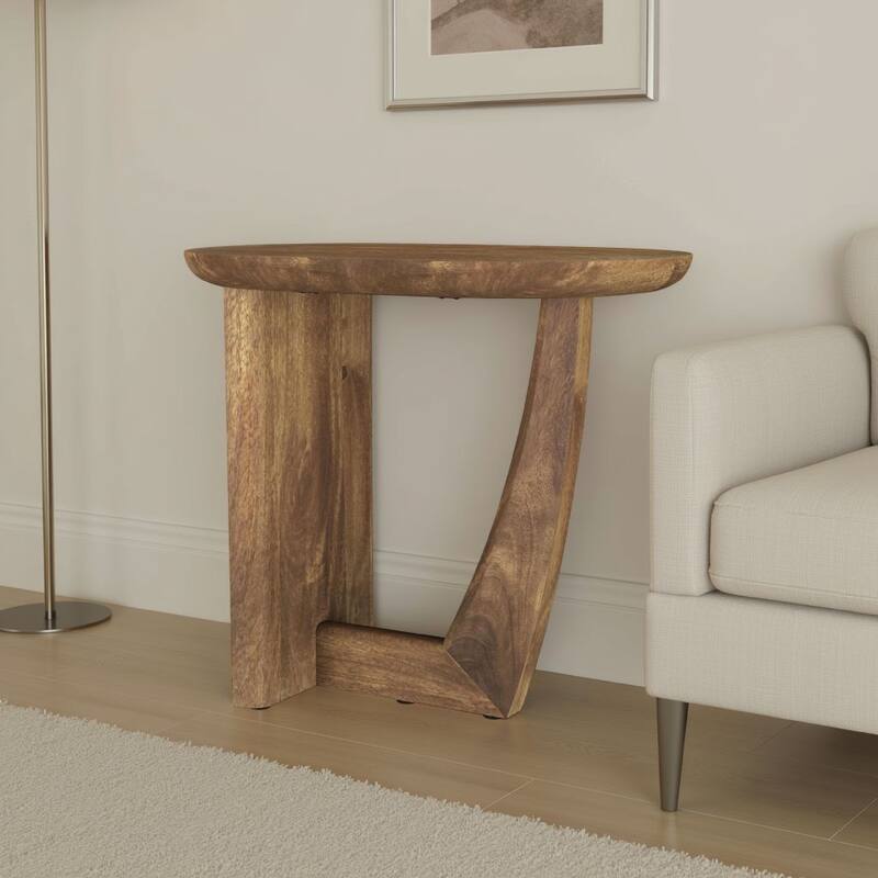 Leti Side End Table, 22 Inch Brown Mango Wood Top, L Shaped Base
