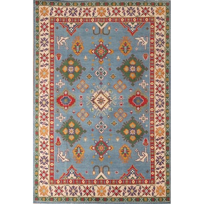 Blue Geometric Kazak Area Rug Hand-Knotted Wool Carpet - 6'10" x 9'7"