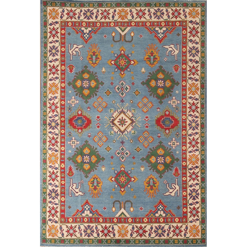 Blue Geometric Kazak Area Rug Hand-Knotted Wool Carpet - 6'10" x 9'7"