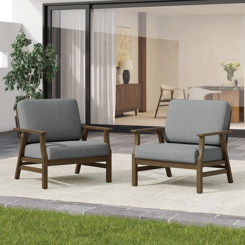 2 Set Outdoor Club Chairs with Cushions Teak Wood Patio Chairs - Grey/BROWN WOOD