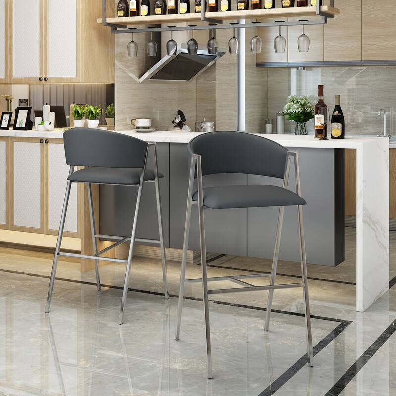 Modern Set of 2 Bar Stools with Leather Backrest Seat, Footrest, Metal Frame, for Kitchen Island Bar and Dining Room