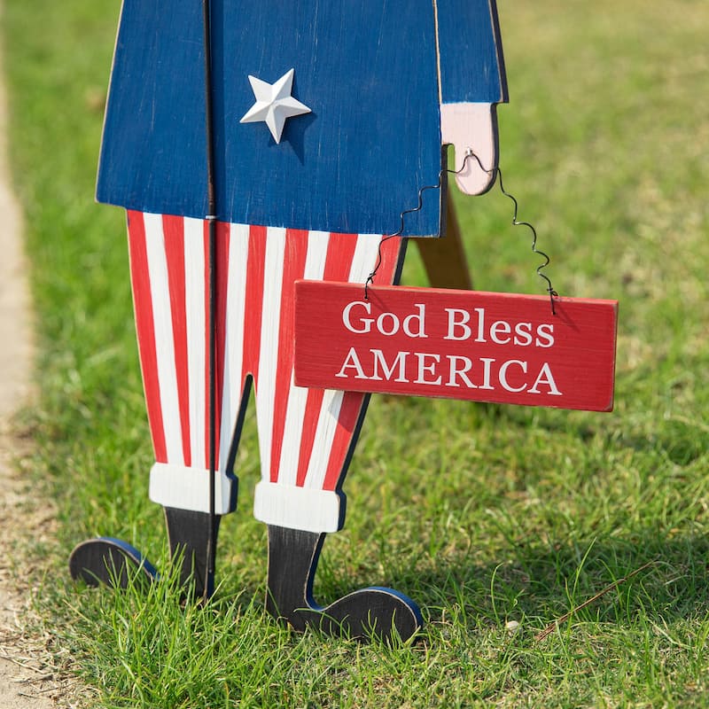 Glitzhome 36"H Wooden Patriotic Uncle Sam Yard Stake Wall Decor Porch Sign