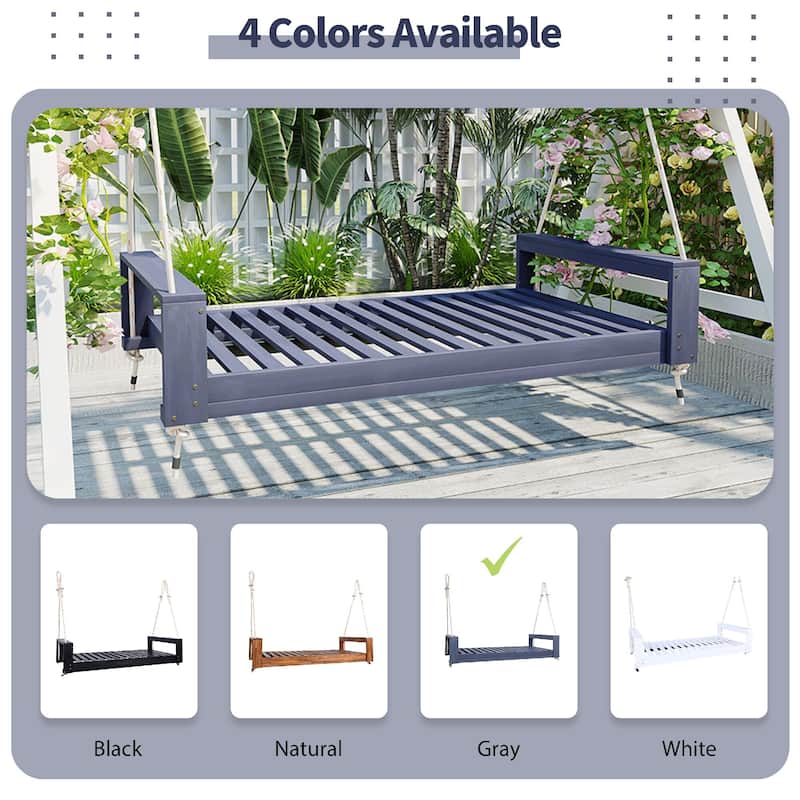 Twin Size Porch Swing Bed Patio Acacia Wood Swing Frame with Hemp Ropes