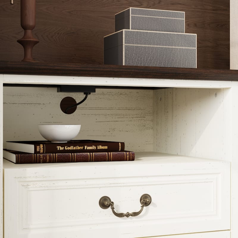 Farmhouse Nightstand with 2 Drawers, Open Shelf & Power Port, Rustic Bedside Table, Antique Brass Handles, White/Grey