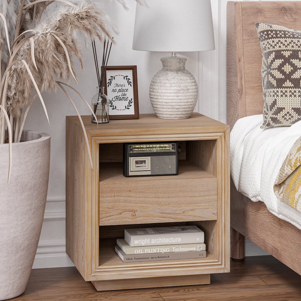 COZAYH Fully Assembled Modern Farmhouse Nightstand with Storage Drawer & 2 Open Shelves
